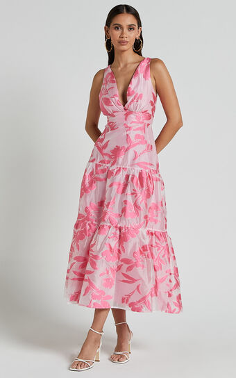 Reba Midi Dress - V Neck Tiered Jacquard Dress in Pink