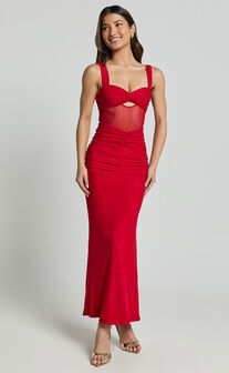 Adalee Midi Dress- Sheer Panel Ruched Bust Dress in Red