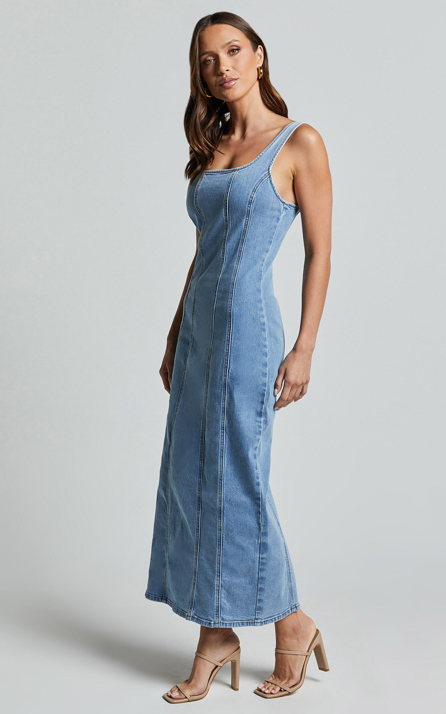 Zenith Midi Dress - Wide Strap Panel Detail Recycled Denim Dress in Mid Blue Wash | Showpo USA