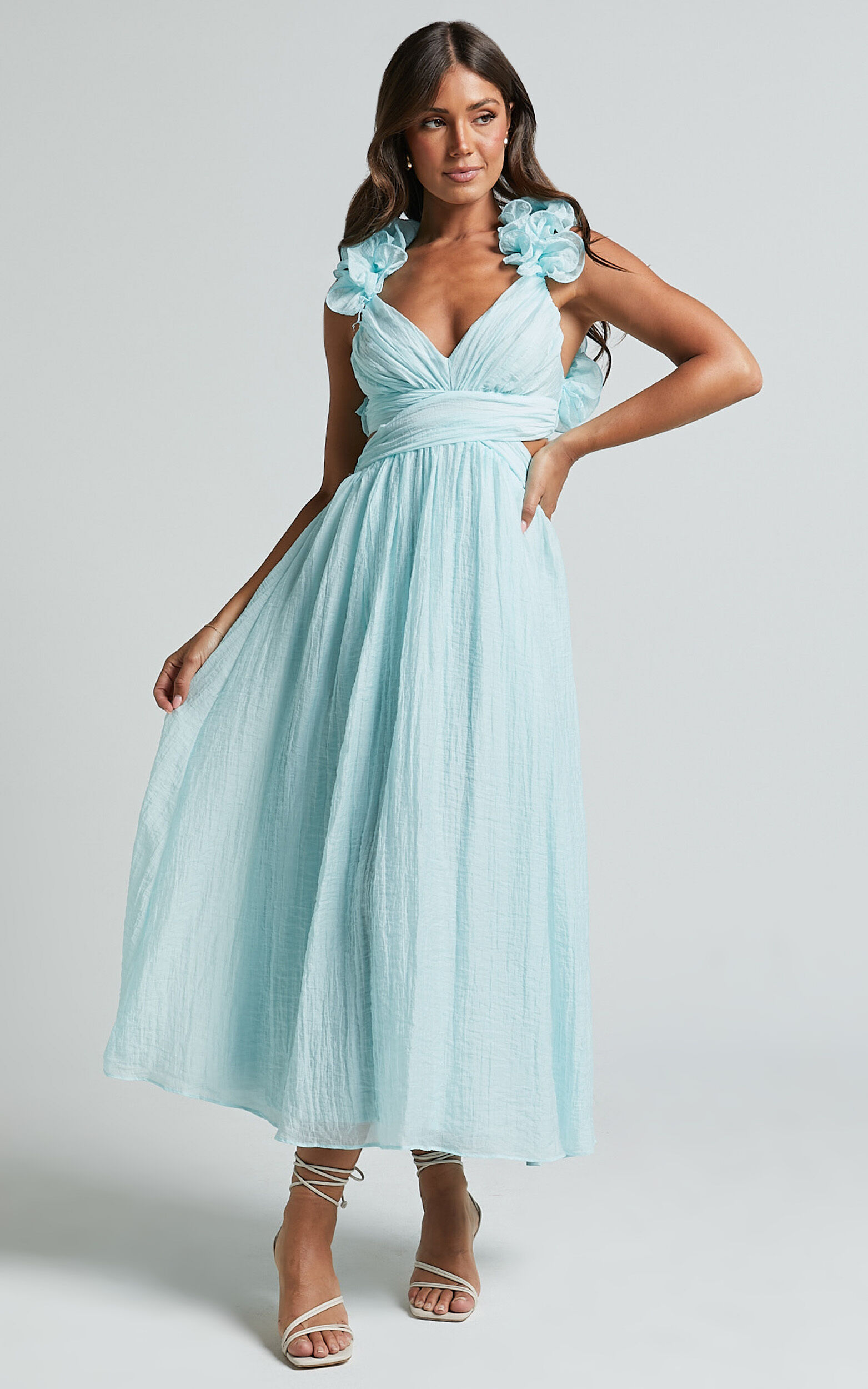 Marielly Maxi Dress - Side Cut Out V Neck Ruffle Detail Sleeve Dress in Pale Blue - 06, BLU1