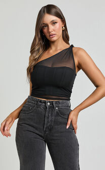 Zayla Top - One Shoulder Knot Mesh Corset Top in Black