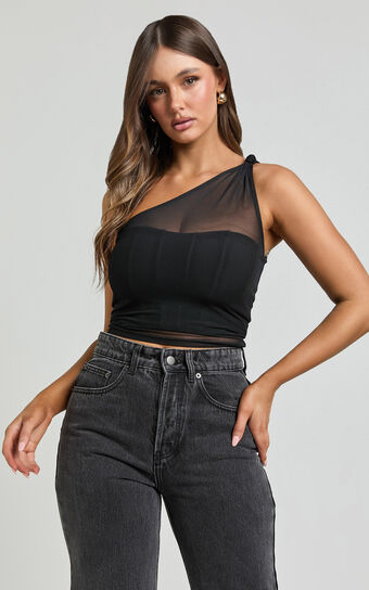 Zayla Top - One Shoulder Knot Mesh Corset Top in Black