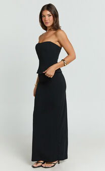 Anya Two Piece Top and Skirt Set - Strapless Fit And Flare Top And Maxi Skirt in Black