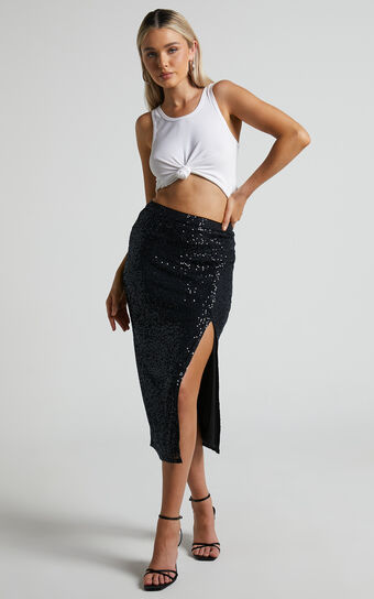 Demelza Midi Skirt - Side Split Sequin Skirt in Black