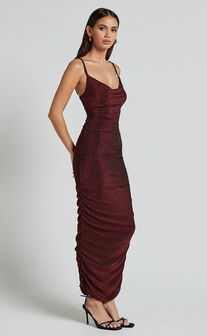 Roma Midi Dress - Ruched Cowl Neck Dress in Berry