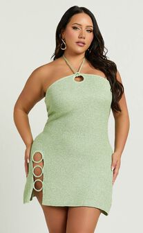 Amalie The Label - Merida Halter Knit Side Split Mini Dress in Green
