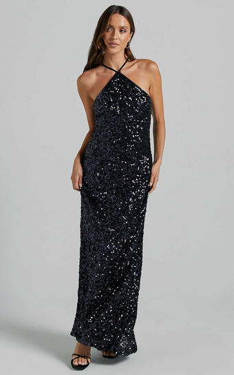 Aurora Maxi Dress - Halter Neck Bodycon Sequin in Navy