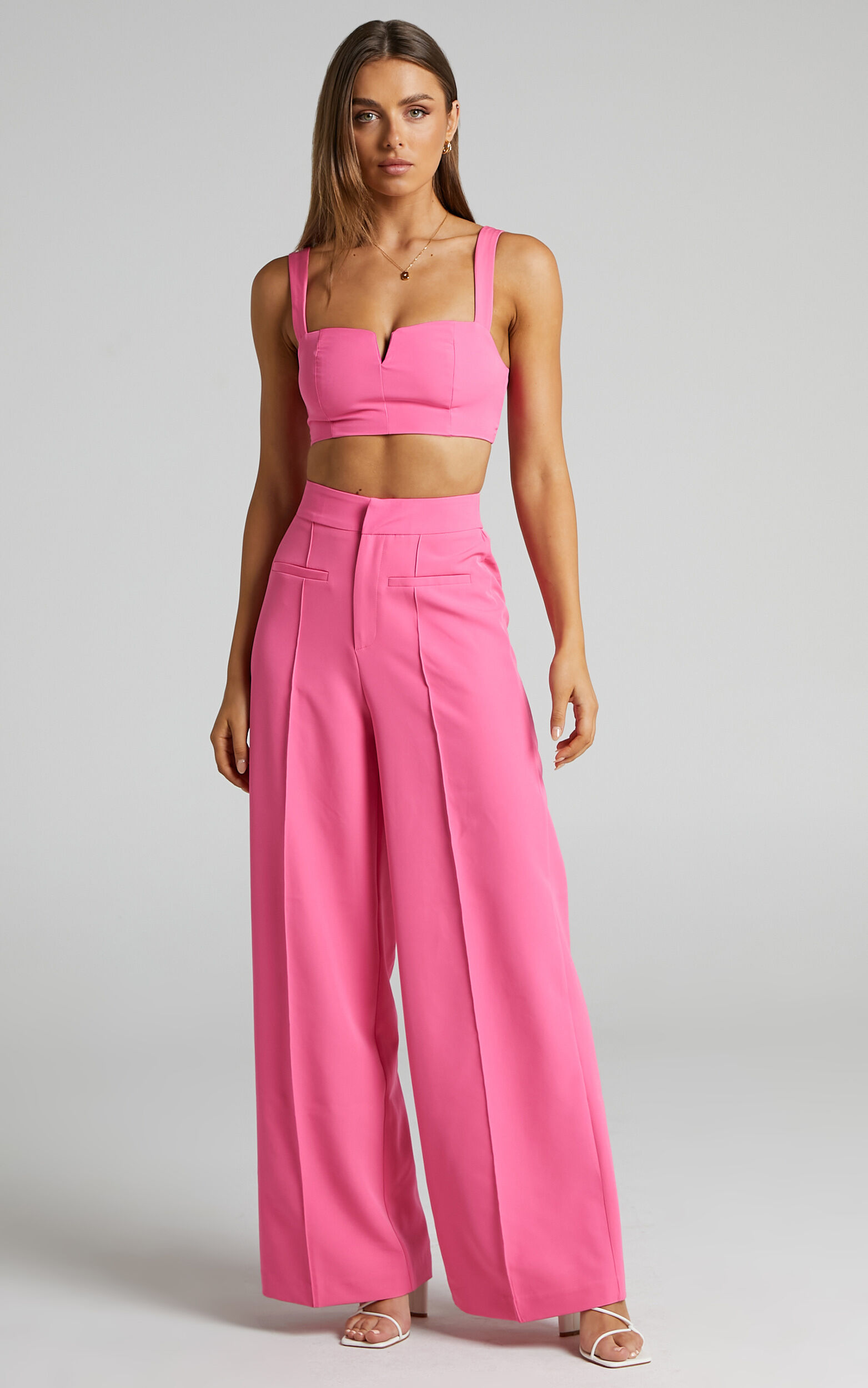 Maida Two Piece Set - V Front Crop Top and Wide Leg Pants Set in Pink - 06, PNK1