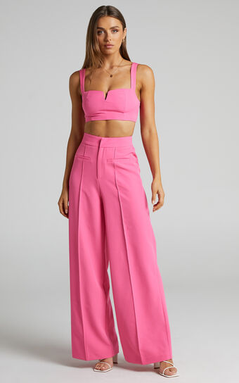 Maida Two Piece Set - V Front Crop Top and Wide Leg Pants Set in Pink
