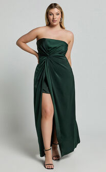 Hathaway Maxi Dress - Strapless Straight Neck Twist Front Split in Emerald