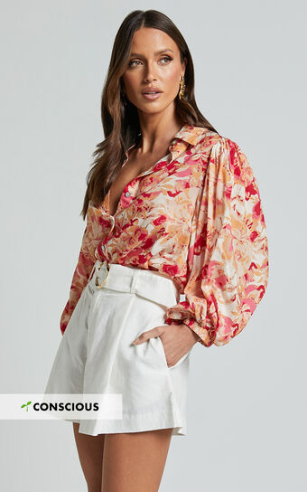 Amalie The Label - Kimmella Linen Blend Puff Sleeve Shirt in Sienna Print