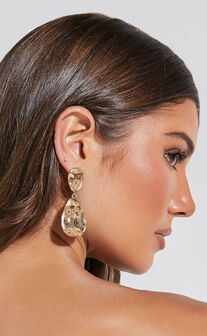 Elsie Earrings - Textured Double Detail Drop Earrings in Gold