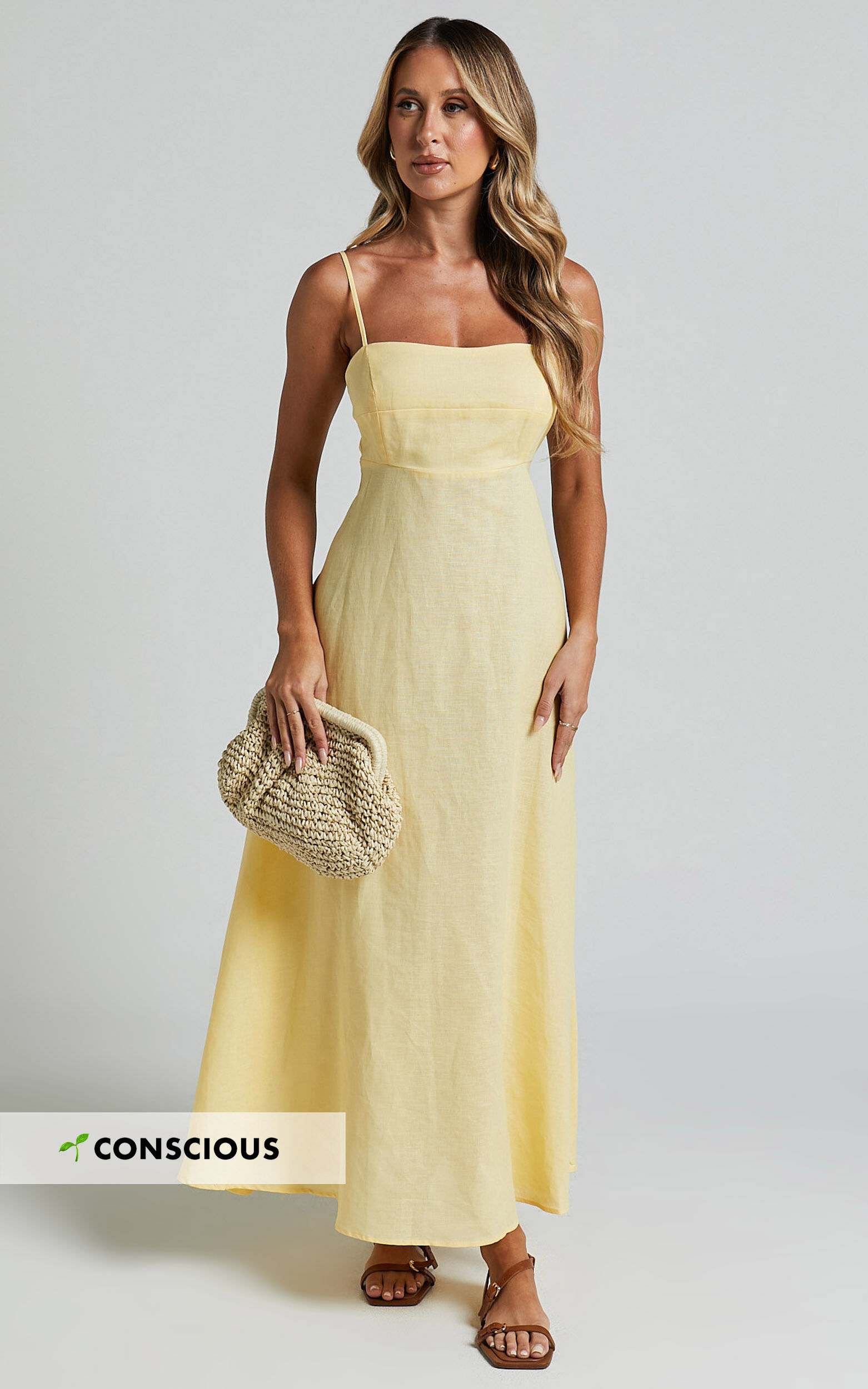 Brette Midi Dress Linen Look Straight Neck Strappy Fit And Flare Dress in Lemon