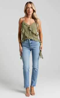 Carlyn Top - V Neck Frill Detail Cami in Olive