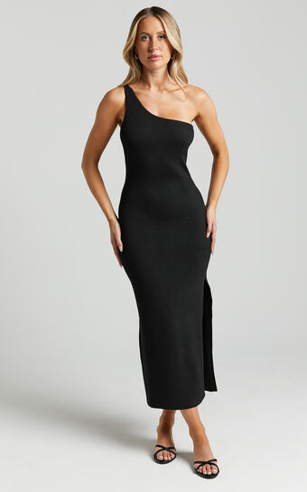 Alexa Midi Dress - Knitted One Shoulder Thigh Split Dress in Black