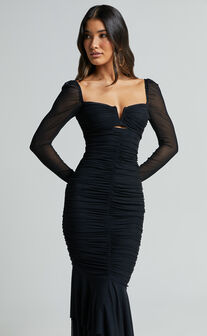 Arabella Midi Dress - Bust Detail Ruched Mesh Midi with Cut Out Detail in Black
