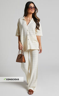 Tommy Two Piece Set - Knit Button Through Top and Pants Two Piece Set in Cream