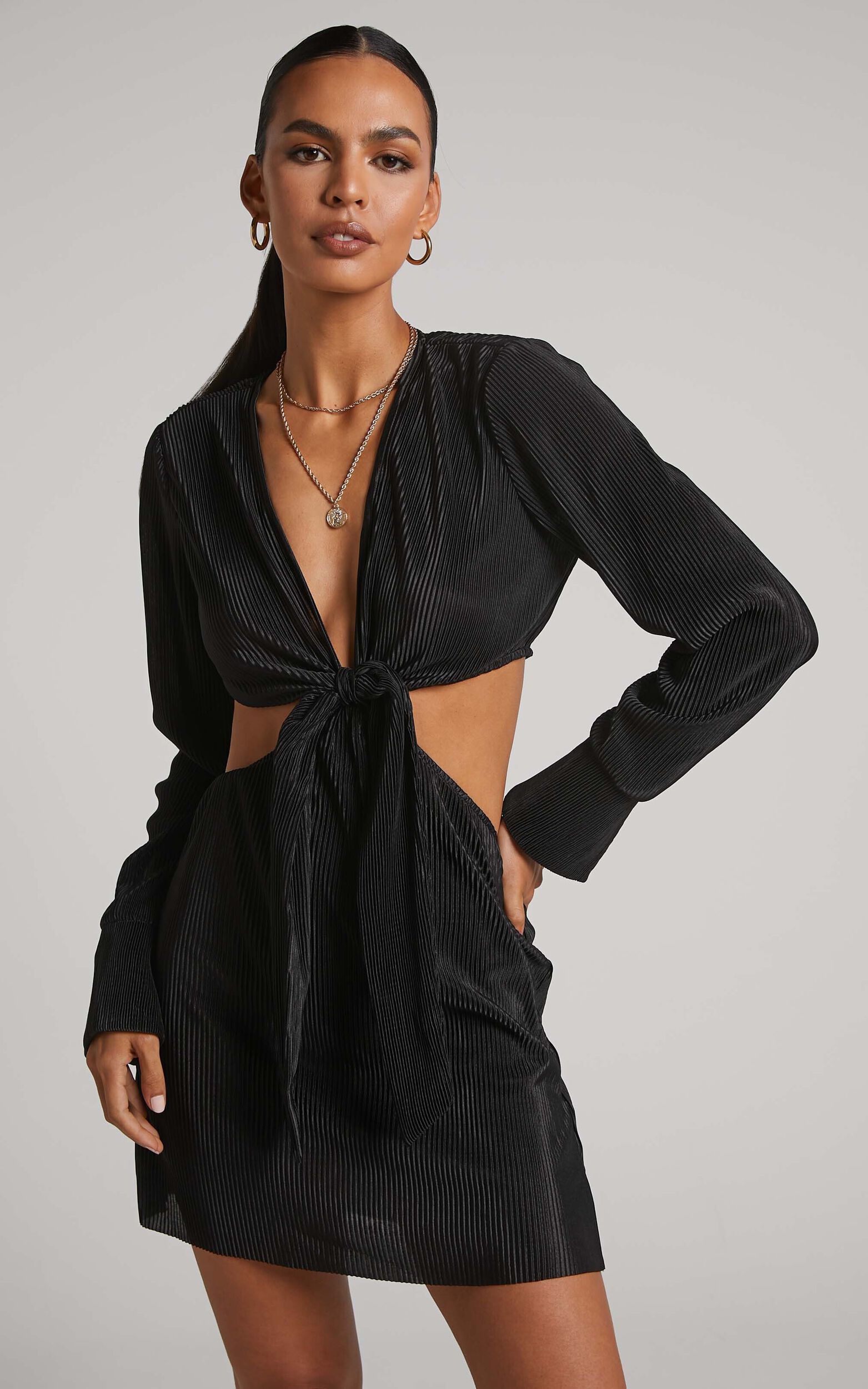 Elowen Mini Dress - Plisse Long Sleeve Tie Front Dress in Black - 06, BLK1