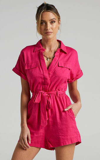 Zarina Belted Playsuit in Hot Pink