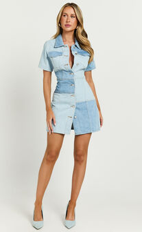Gladys Mini Dress - Short Sleeve Patchwork Denim Dress in Multi
