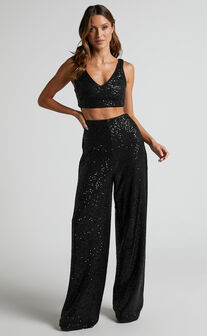 Abela Two Piece Set - Crop Top and Wide Leg Pants Set in Black Sequin