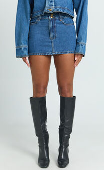 Pamela Mini Skirt - Low Rise Double Button Recycled Denim Skirt in Dark Blue Wash