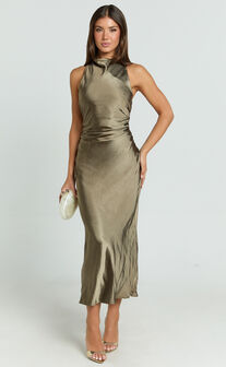 Rhianne Midi Dress - Twist Halter Neck Open Back Satin Dress in Olive