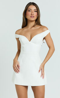 Irene Mini Dress - Off Shoulder Bustier Tulip Skirt Dress in White
