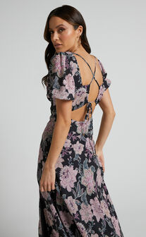 Elenita Midi Dress - Short Sleeve Shirred Waist Dress in Pink Floral