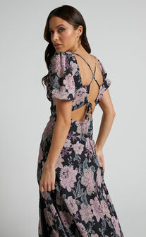 Lorie Maxi Dress - Short Sleeve Cut Out Tie Back Dress in Ornamental Floral