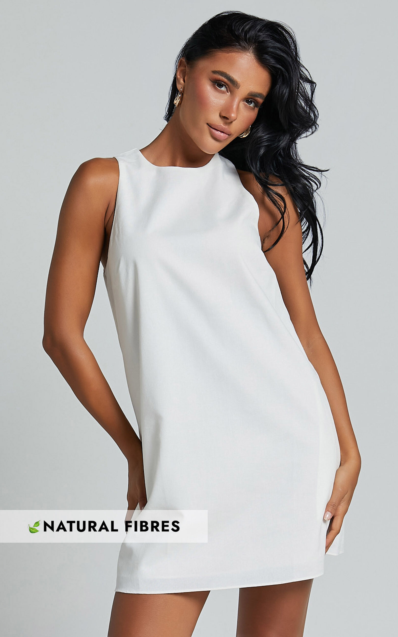 Elda Mini Dress - Linen Look High Neck Shift Dress in Off White - 12, WHT1