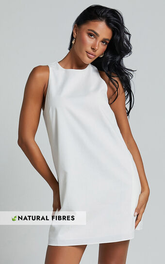 Elda Mini Dress Linen Look High Neck Shift in Off White Showpo