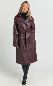 Vicki Trench Coat - Faux Leather Washed Trench Coat in Wine