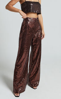 Elswyth Pants - Tailored Wide Leg Sequins Pants in Chocolate