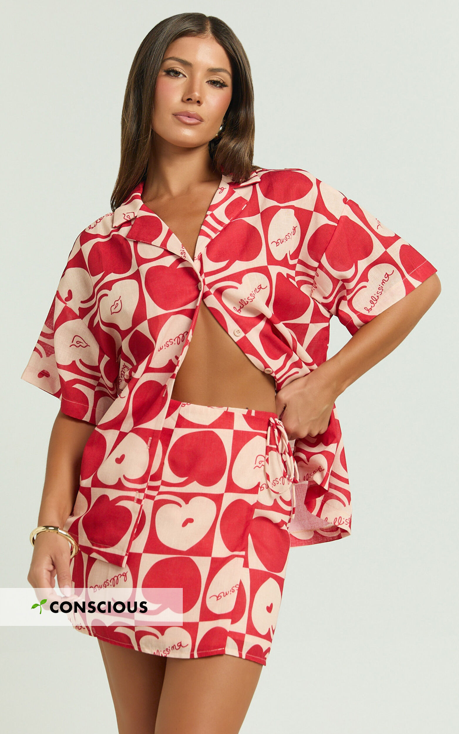 Vangie Shirt - Linen Look Short Sleeve Shirt in Red/Pink - 06, RED1