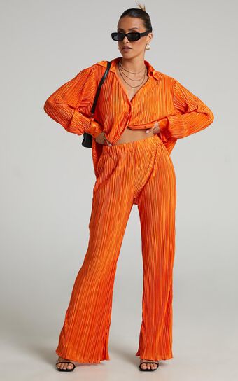 Beca Flared Pants  High Waisted Plisse in Bright Orange Showpo Australia