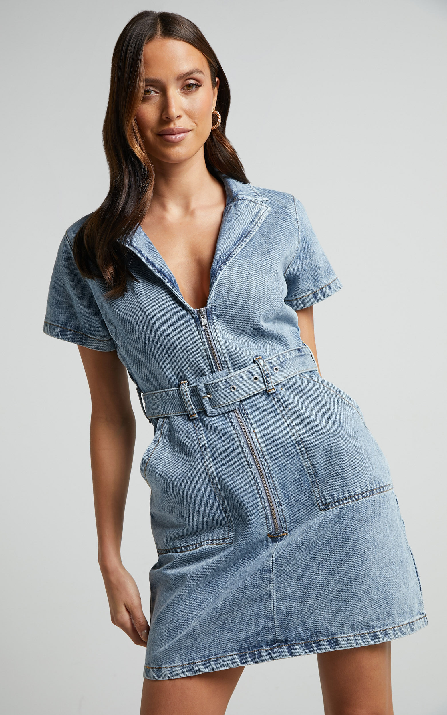 Denim dress zipper front on sale