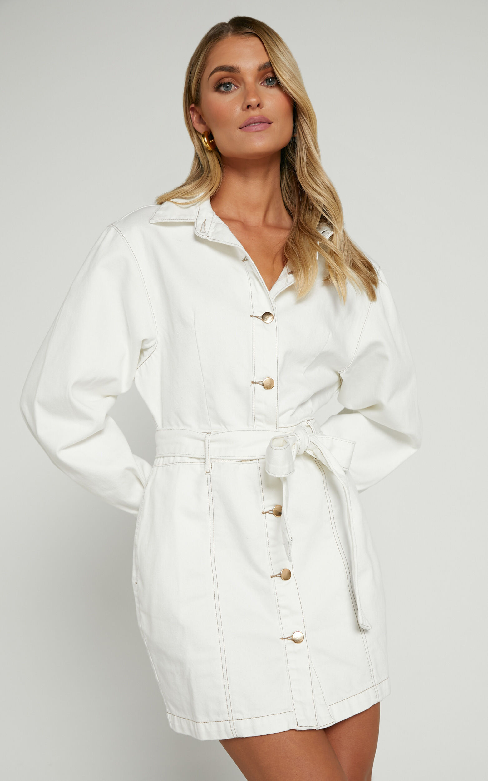 Desi Mini Dress Long Sleeve Collared Button Through Denim Dress in Off White
