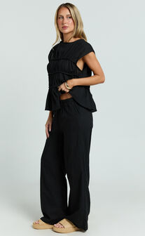 Auric Two Piece Set - Ruched Detail Top and Wide Leg Pants Set in Black