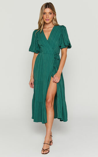 Junmae Midi Dress - Tiered Waffle Wrap Dress in Forest Green