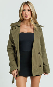 Vicky Jacket - Short Belted Trench Coat in Olive