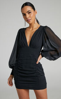Hollis Mini Dress - Ruched Long Sleeve Plunge Neck Dress in Black