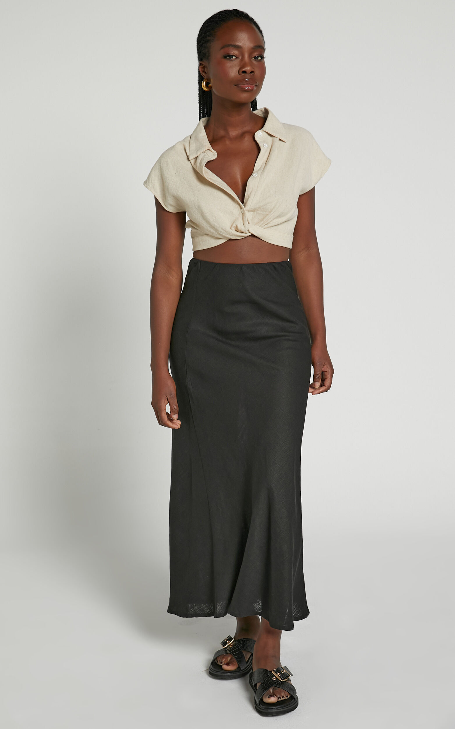 Aubrey Midi Skirt Linen Look High Waisted Linen Look Bias Slip