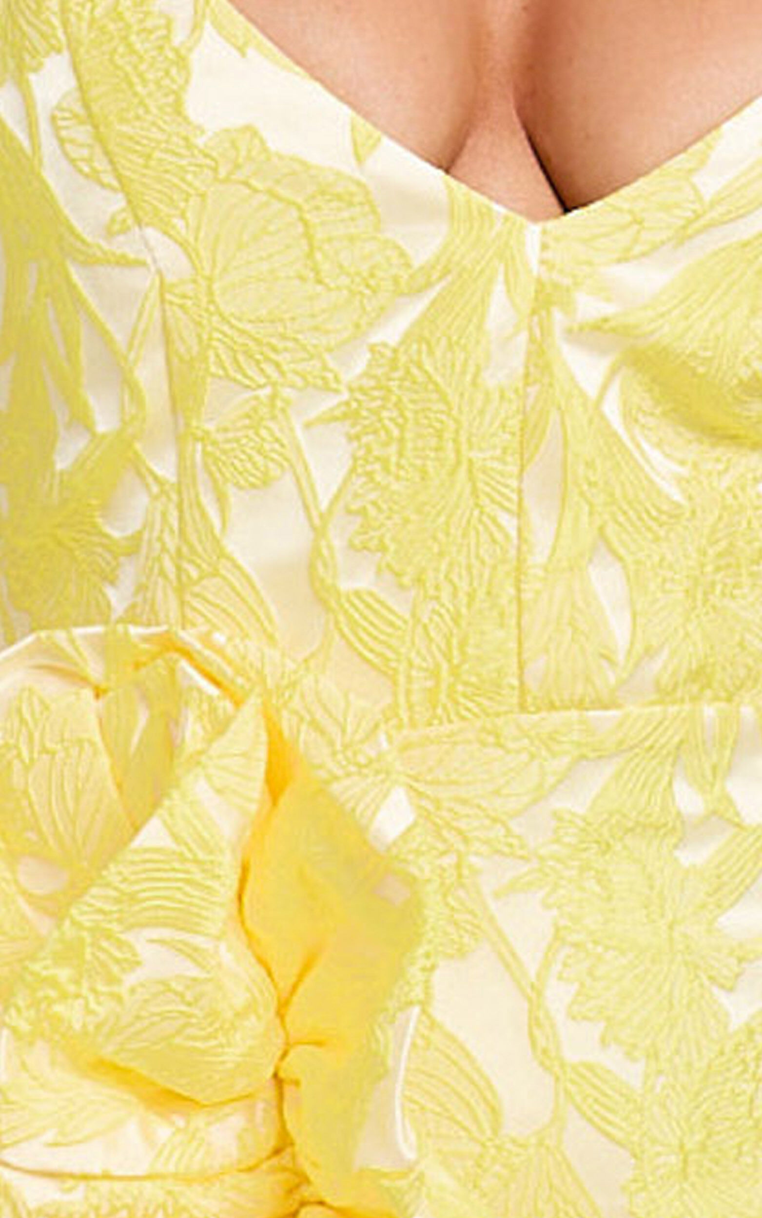 Arlette Mini Dress - Plunge Ruffle Detail Jacquard Dress in Yellow ...