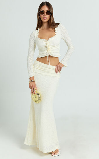 Gelyn Two Piece Set - Lace Ruffle Detail Long Sleeve Top and Maxi Skirt Set in Cream