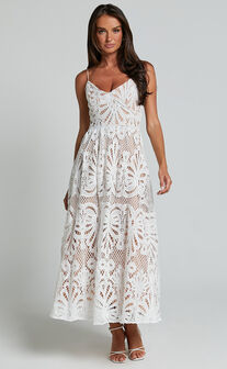 Priscilla Midi Dress - Strappy A Line Lace Dress in White