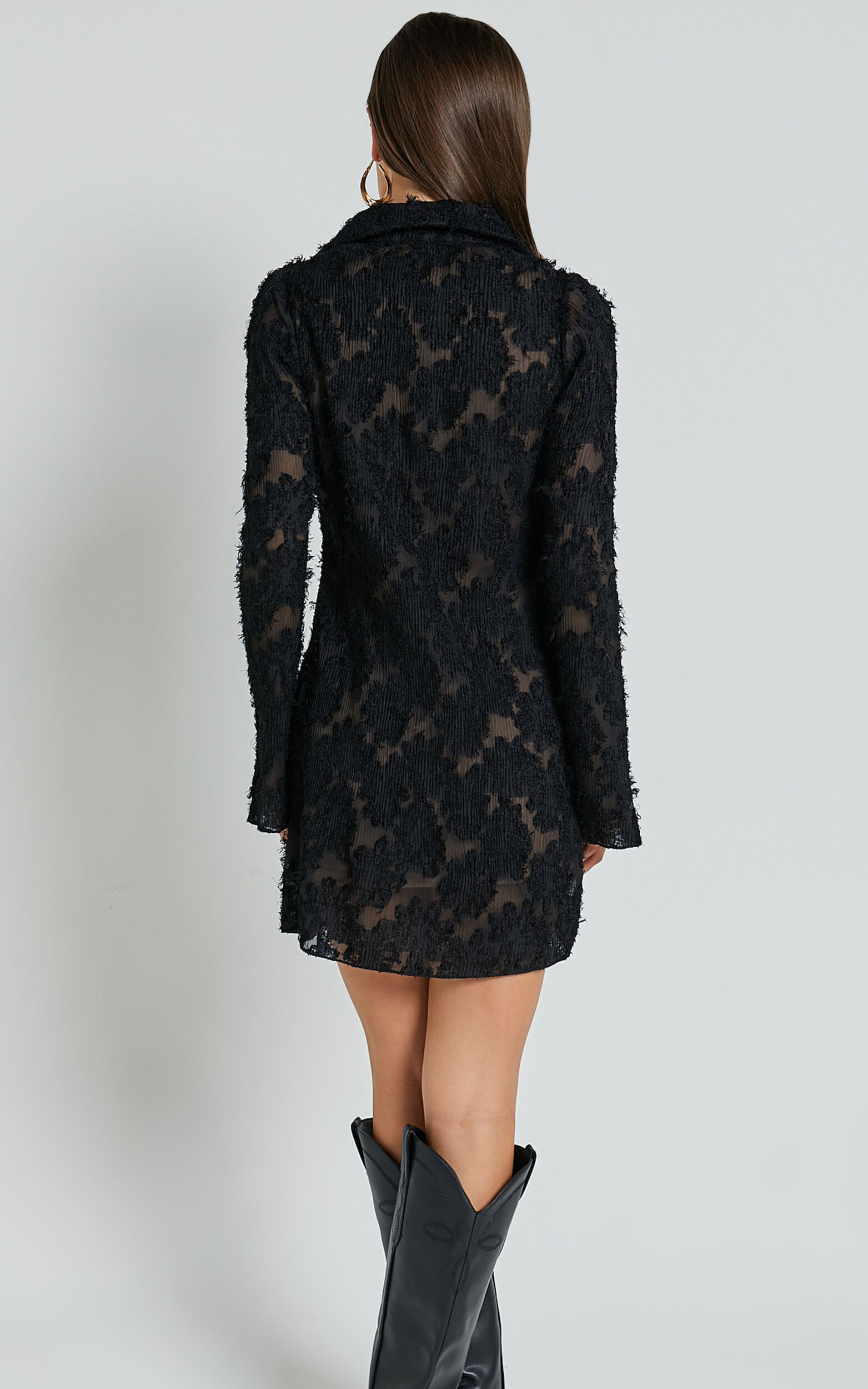 Ava Mini Dress - Long Sleeve Fitted Clipped Jacquard Dress in Black | Showpo USA