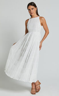 Cade Maxi Dress - High Neck Sleeveless A Line Dress in White