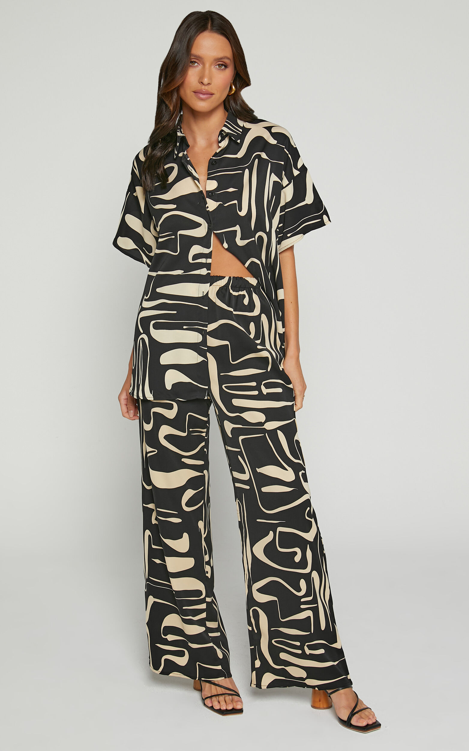 Karla Two Piece Set - Button Up Shirt and Wide Leg Pants Set in