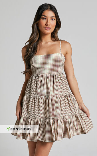 Lorelle Mini Dress - Straight Neck Tiered Dress in Brown Check Gingham